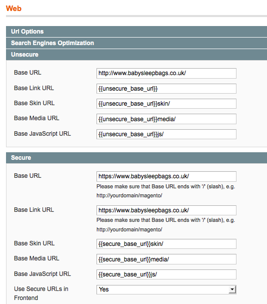 The default configuration for URLs accessed at System>Configuration>Web