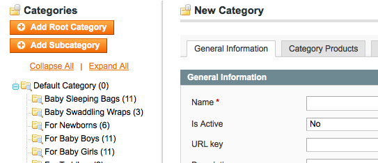 Ths screenshot shows the Default Root category as the parent of all new store categories.