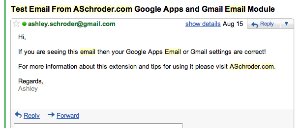 An Example of the SMTP Pro/Google Apps/Gmail self test email sent by the ASchroder.com Magento Email extensions