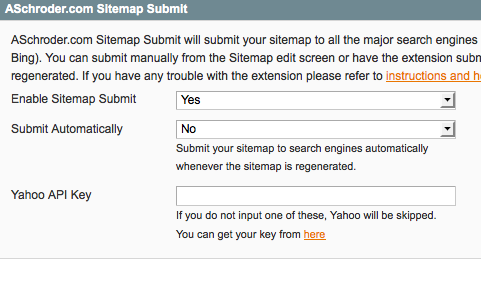 The Sitemap Submit Configuration options - an option to enable automatic submission each time the sitemap is generated, and also the yahoo App Id required for yahoo submission.